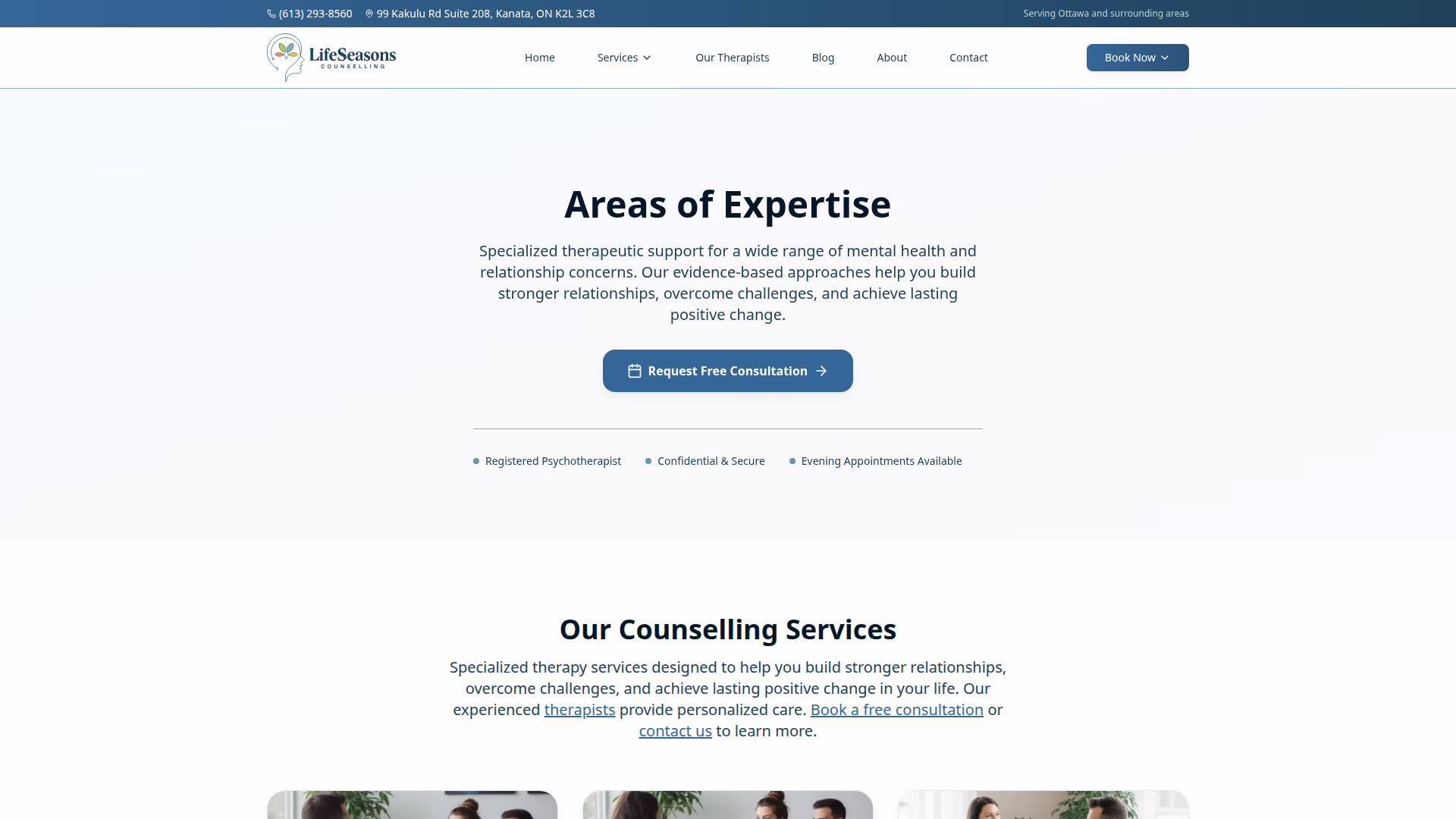 Life Seasons Counselling services page (desktop)